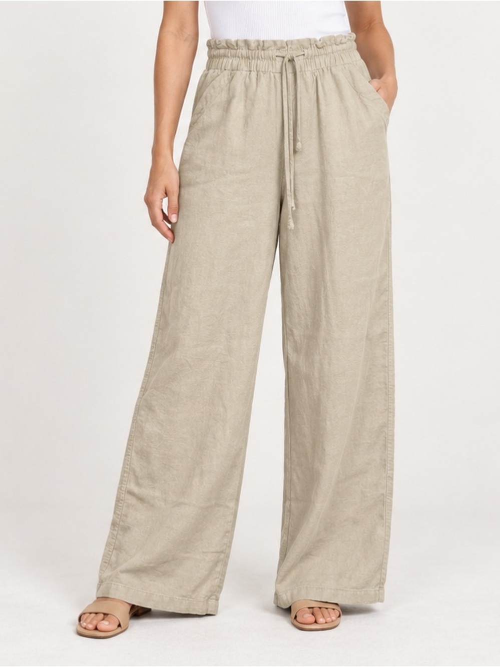 SO Wide-Leg Drawstring Linen-Blend Pants - Sandy Color Size Large